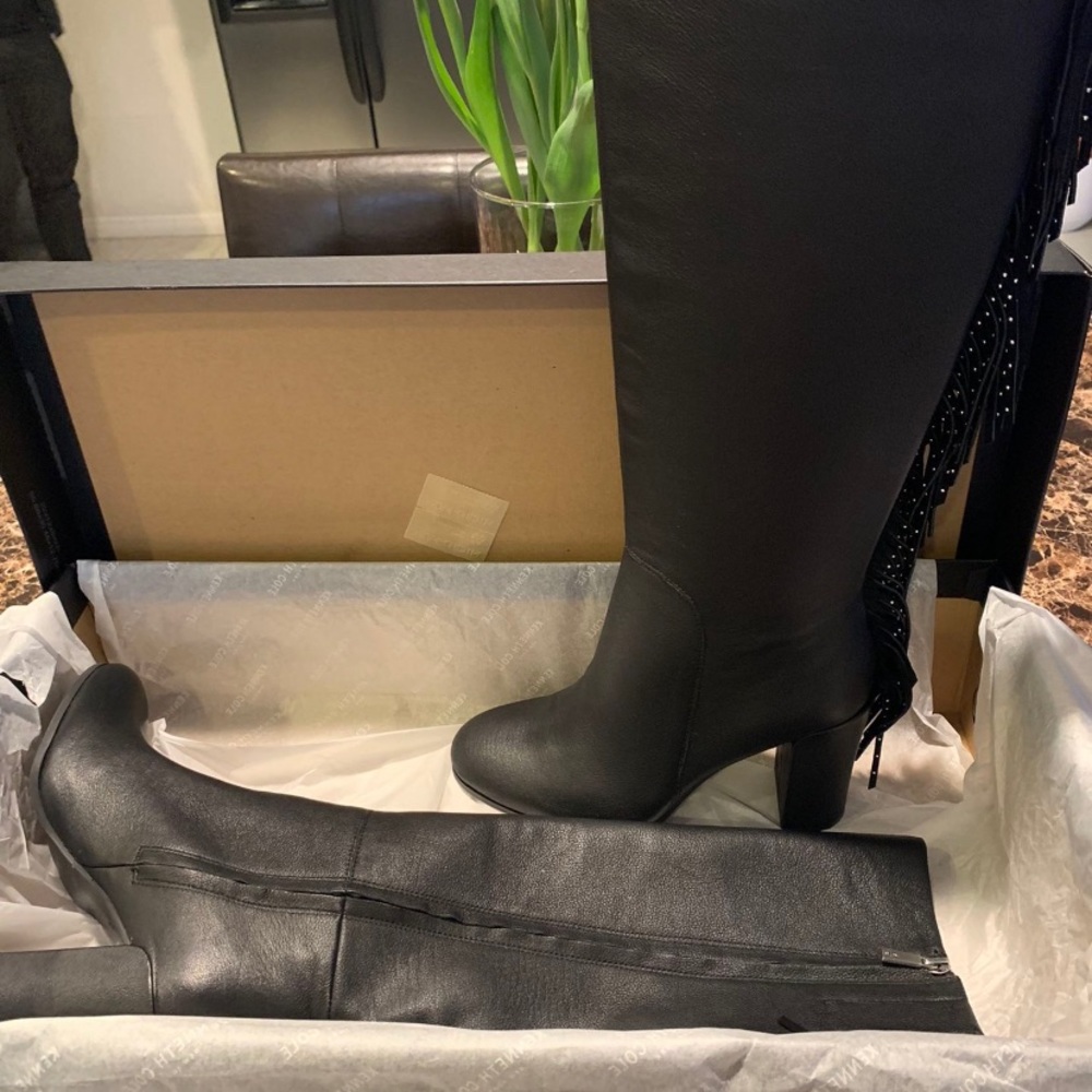 Kenneth Cole Women's Knee High Justin Fringe Boots Black Leather US Size 9